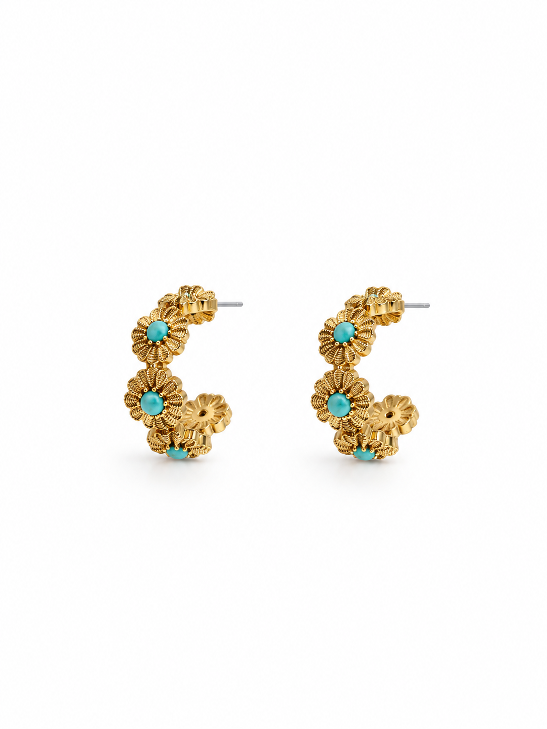 turquoise gold hoop earrings with floral detailing