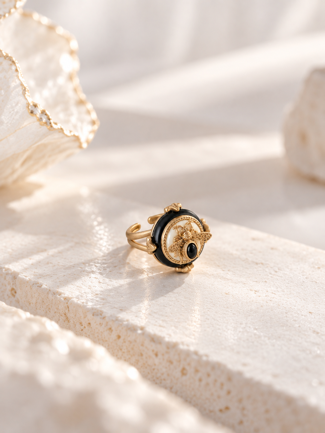 Vintage bee ring with black enamel dome