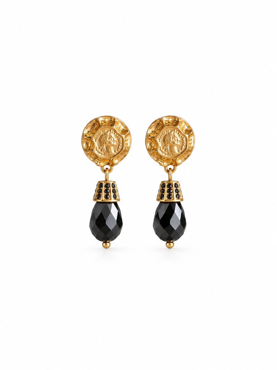 embossed antique coin detail on vintage gold earrings