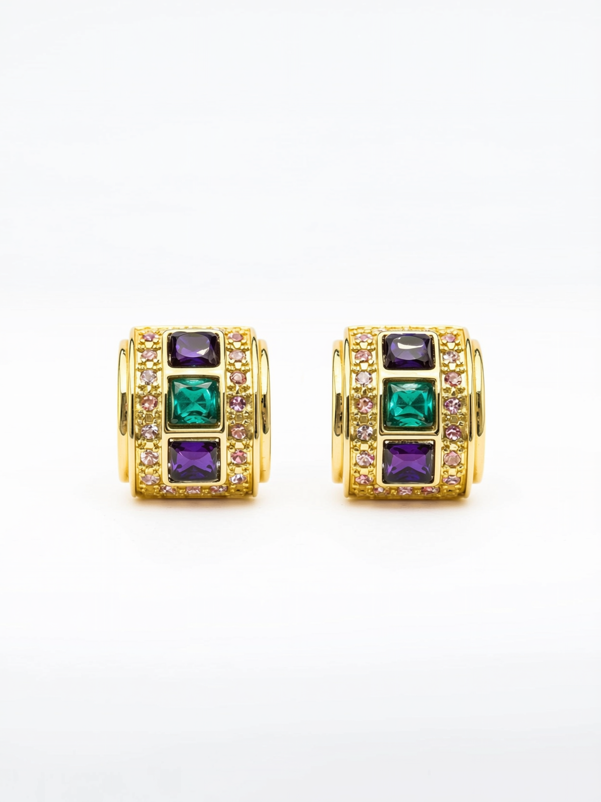 vintage colorful gold hoop earrings with purple and green rhinestones