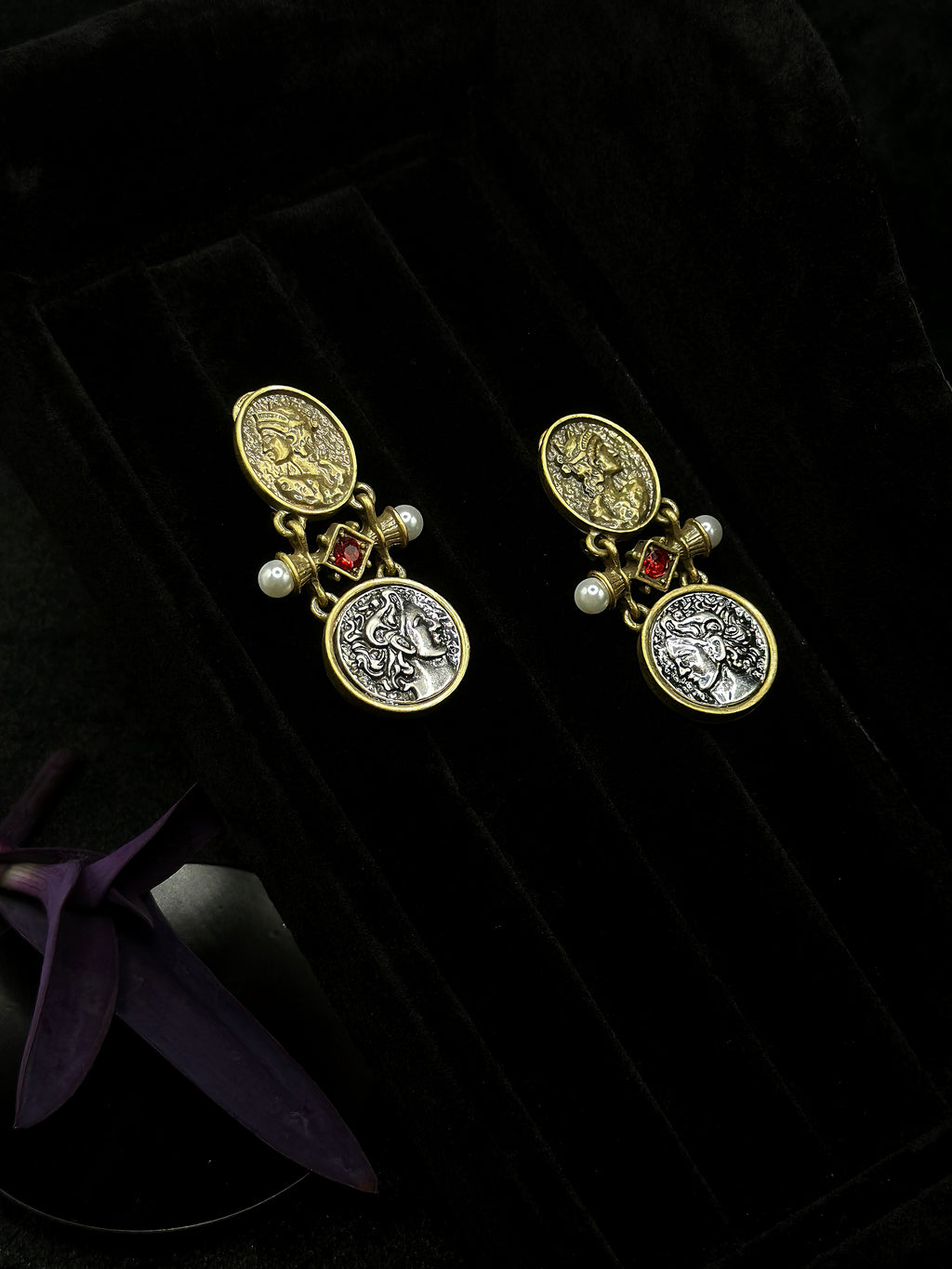 vintage double coin earrings with gold and silver details