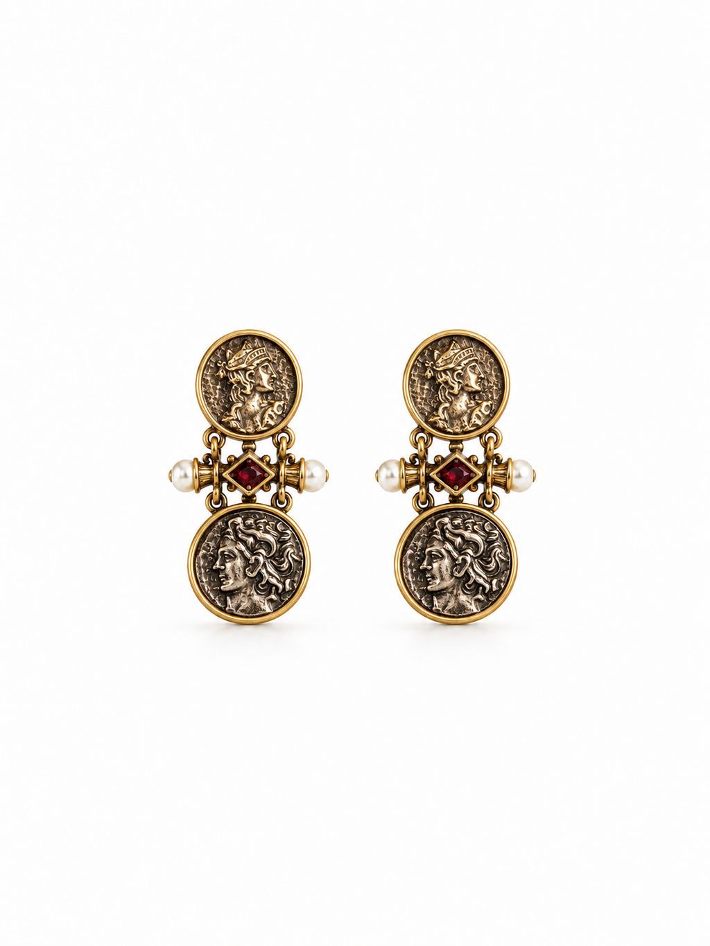 vintage double coin earrings front view