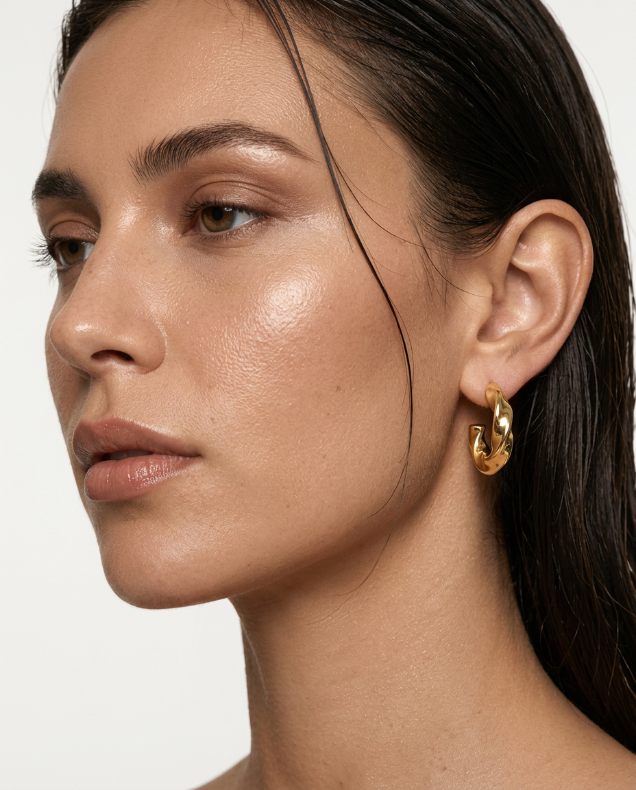 woman wearing irregular vintage gold hoop earrings