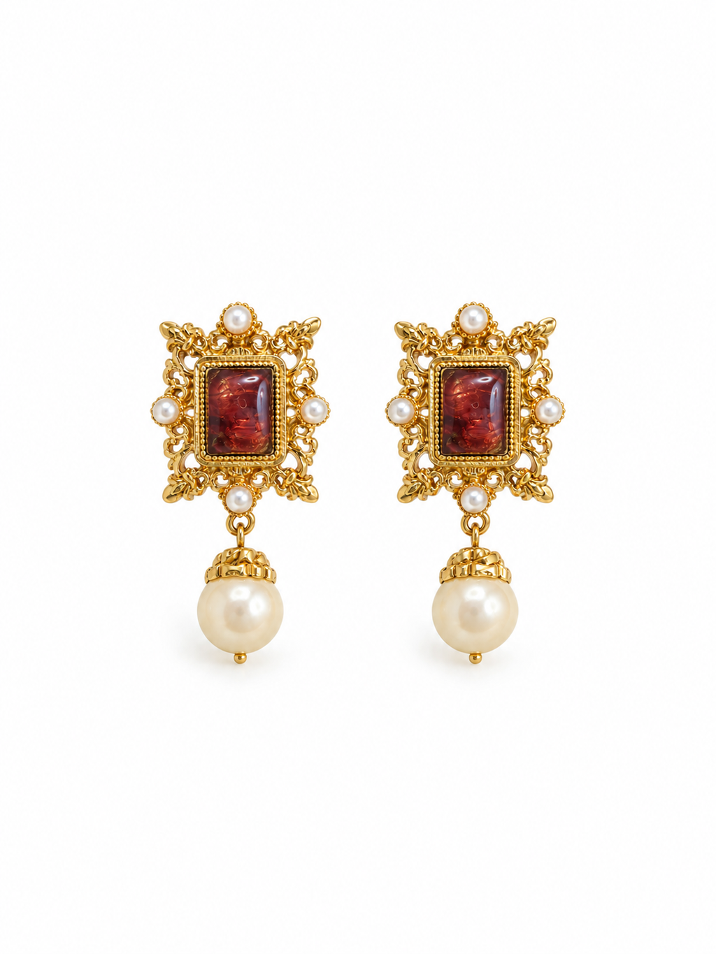 vintage gold pearl drop earrings with ornate carved design