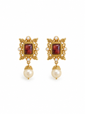 vintage gold pearl drop earrings with ornate carved design