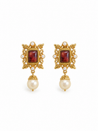 vintage gold pearl drop earrings with ornate carved design