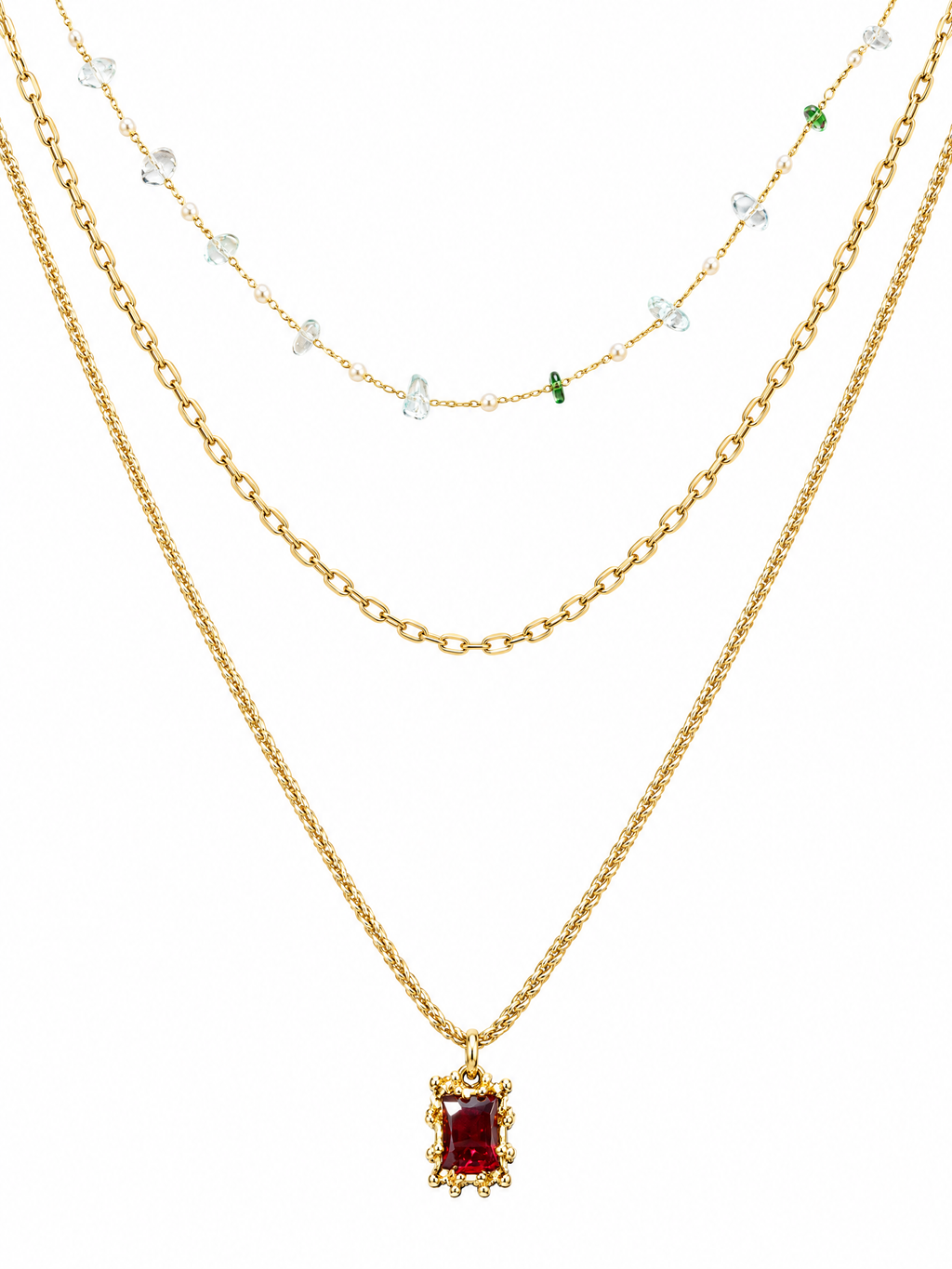 Vintage gold layered necklace with red square pendant