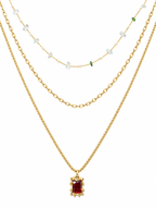Vintage gold layered necklace with red square pendant