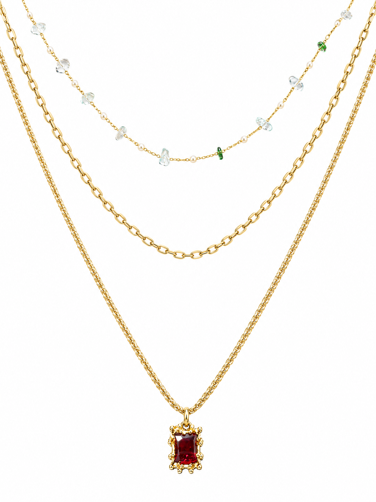 Vintage gold layered necklace with red square pendant