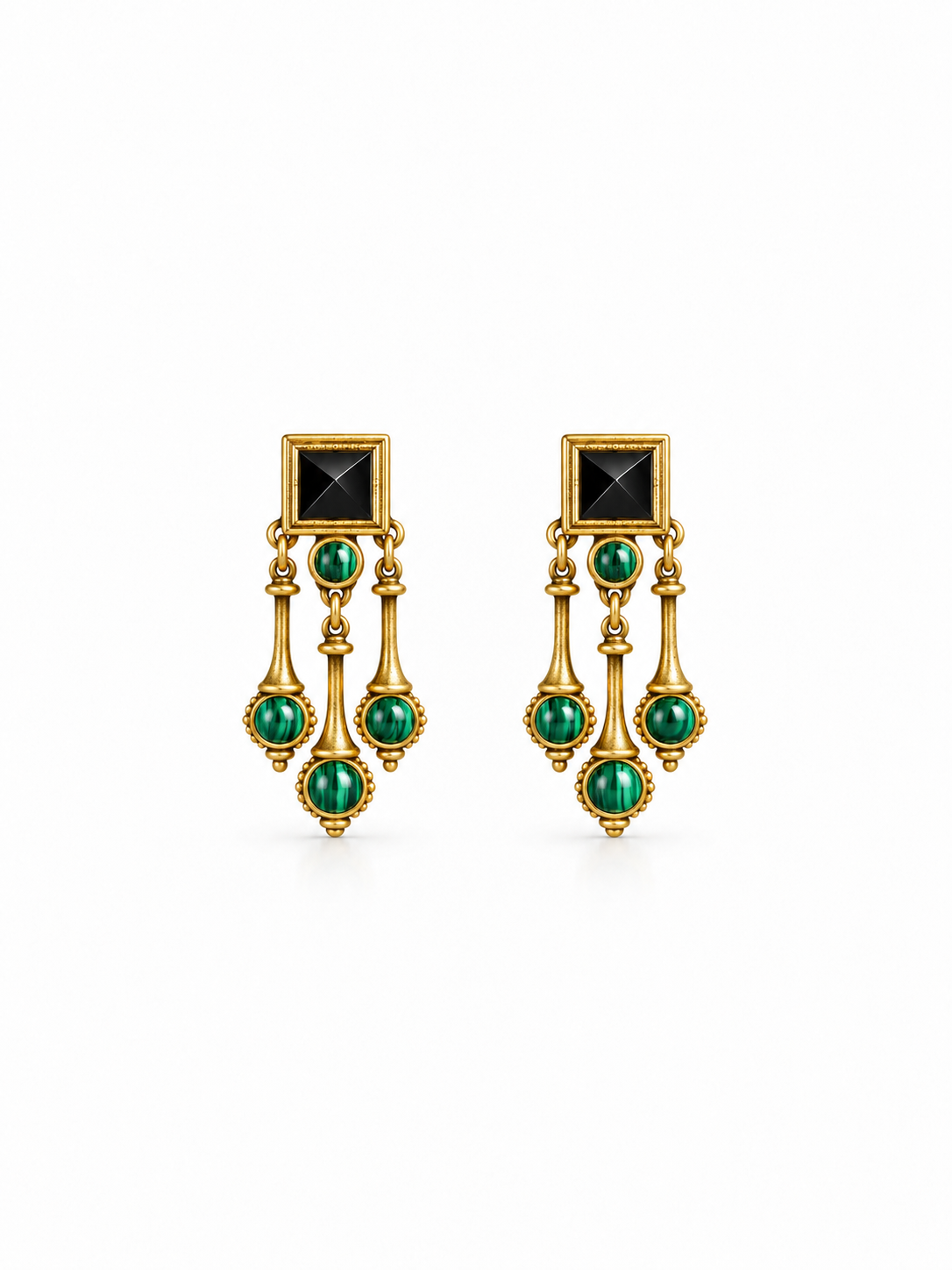 vintage malachite drop earrings with geometric gold frame