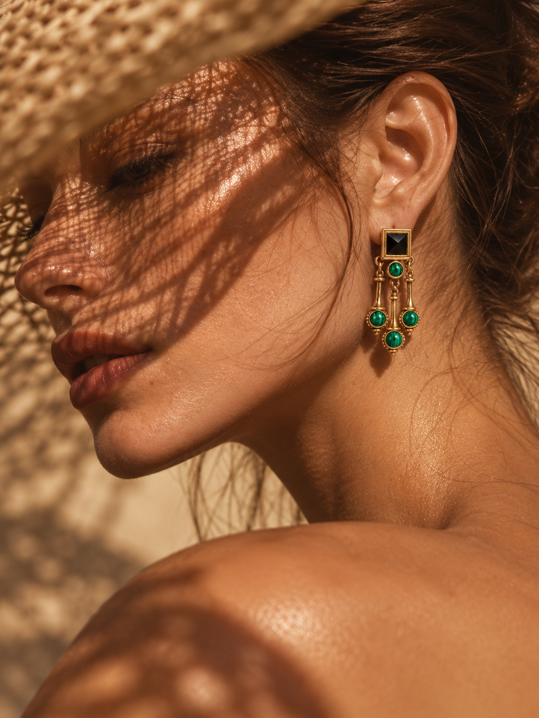 woman wearing vintage malachite drop earrings