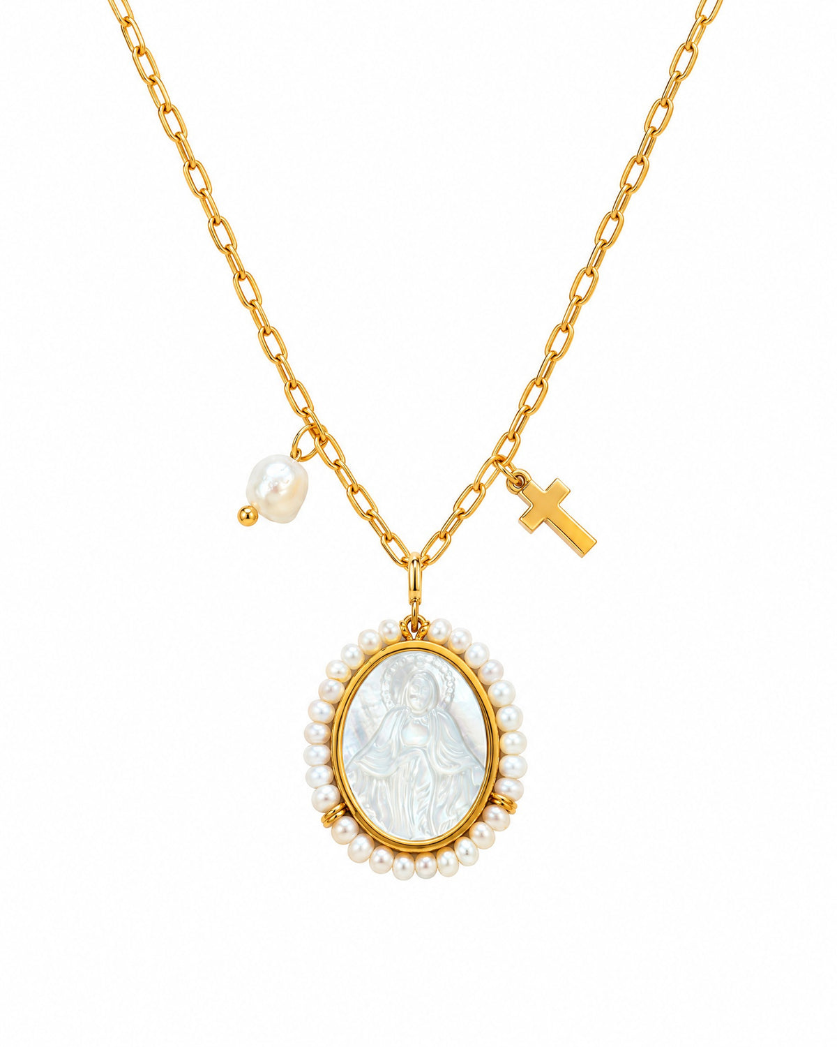 Virgin Mary medal detail on vintage necklace