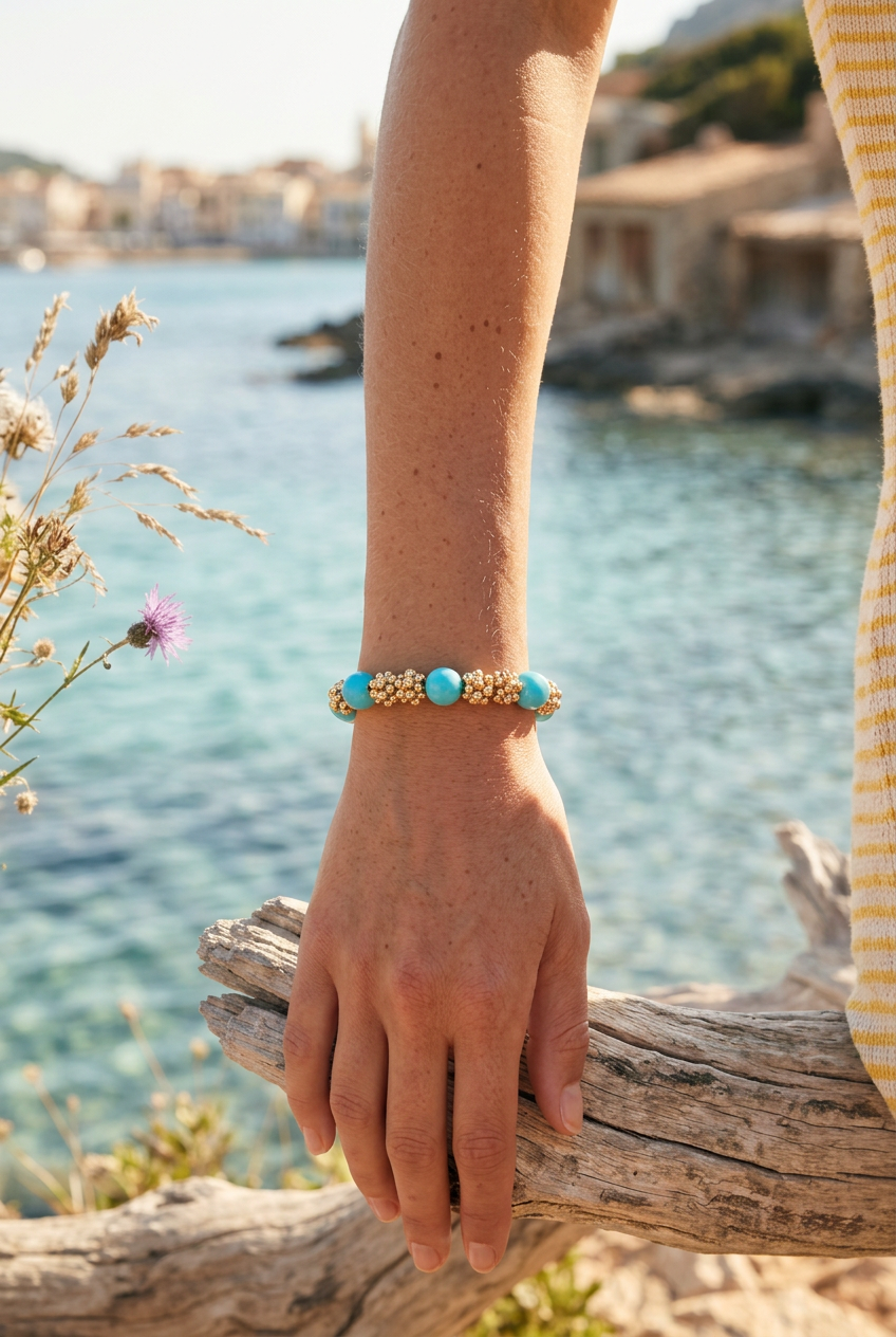 Woman wearing a vintage imitation turquoise beaded bracelet