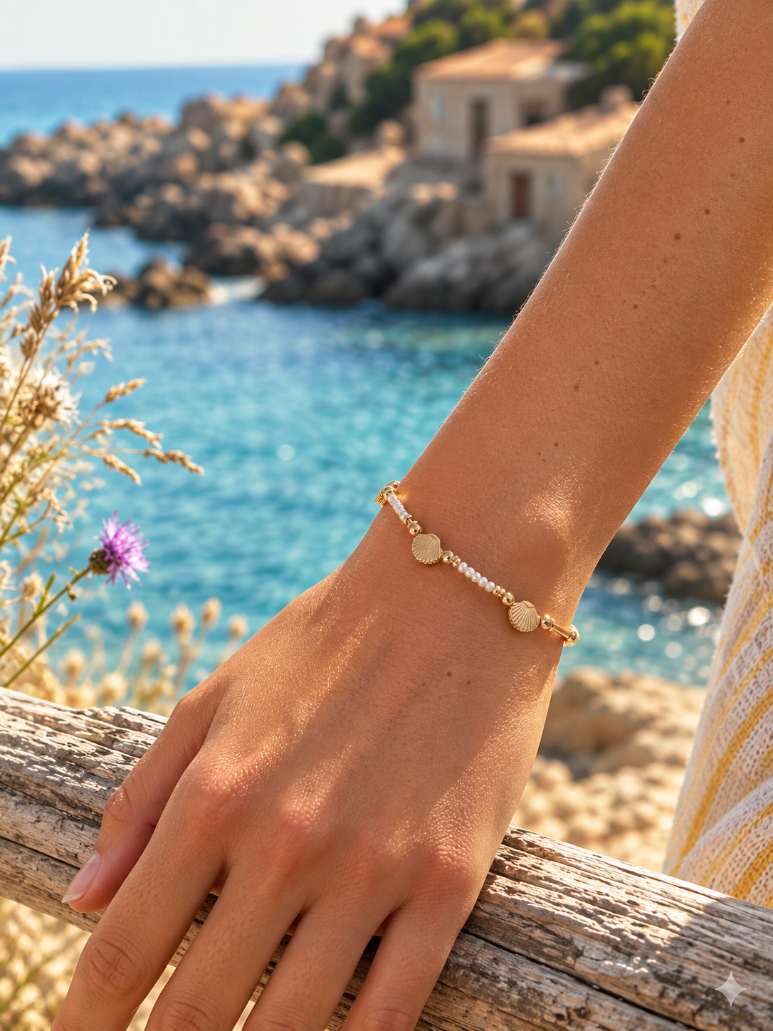 Woman wearing a vintage pearl and seashell bracelet