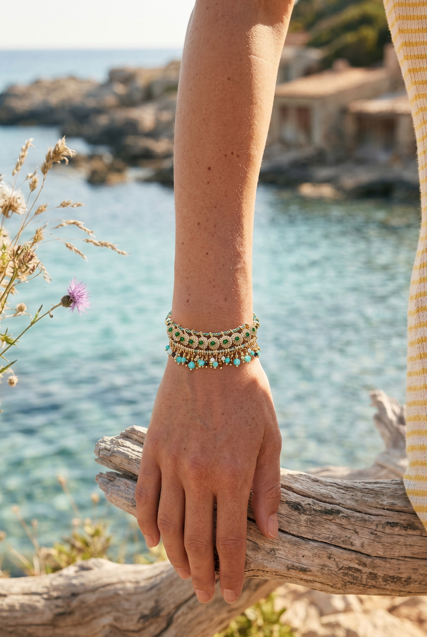 Woman wearing a vintage braided rope bracelet with natural stone tassels