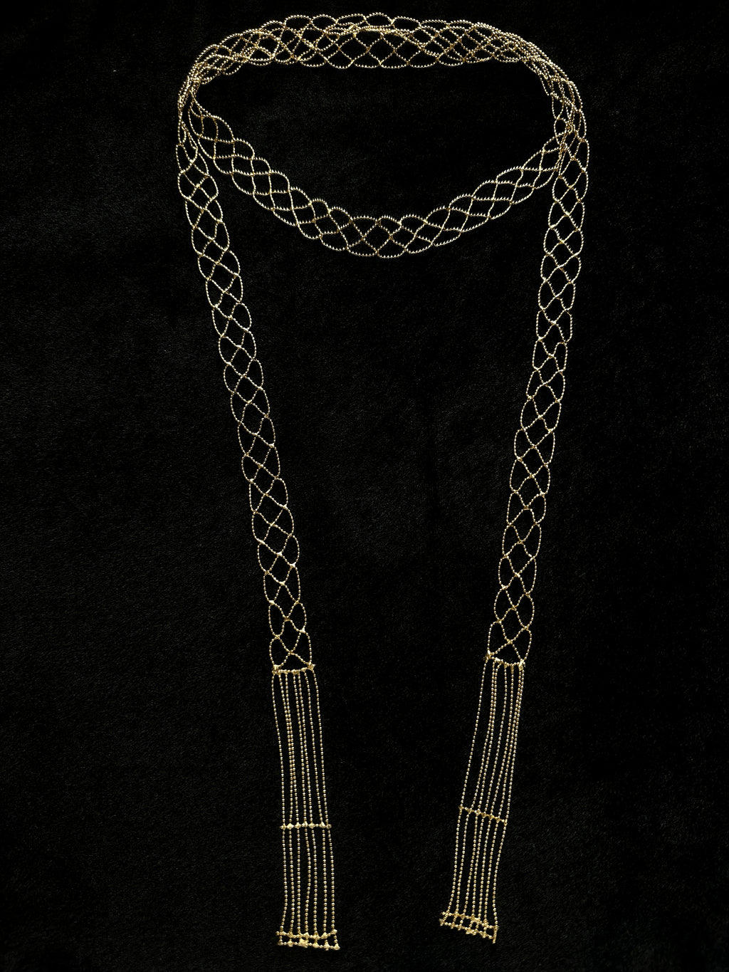 Handmade woven gold tassel long necklace
