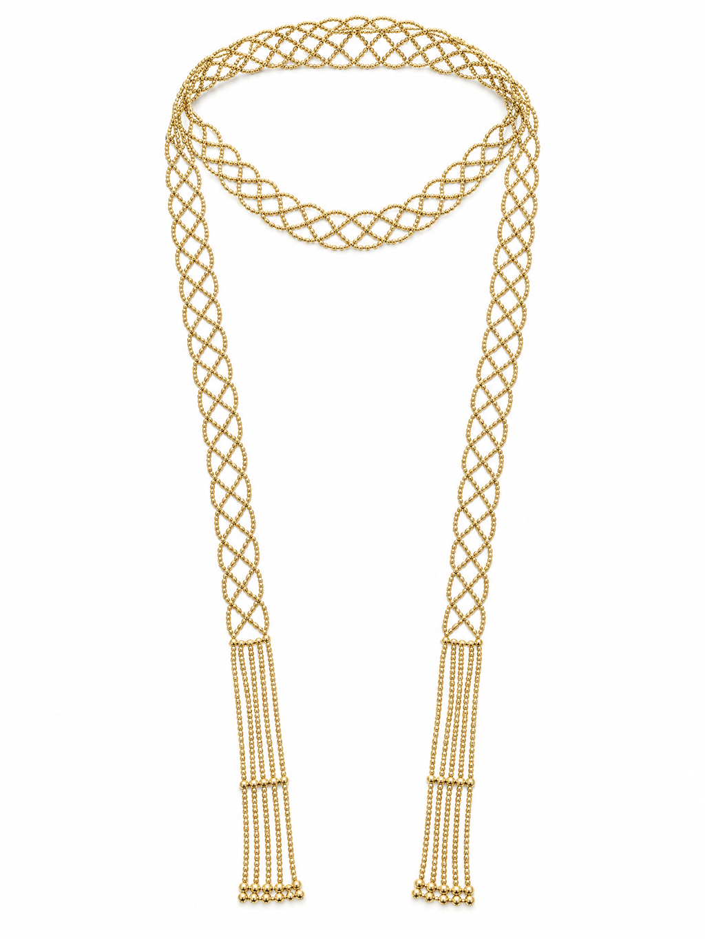 Handmade woven gold tassel long necklace