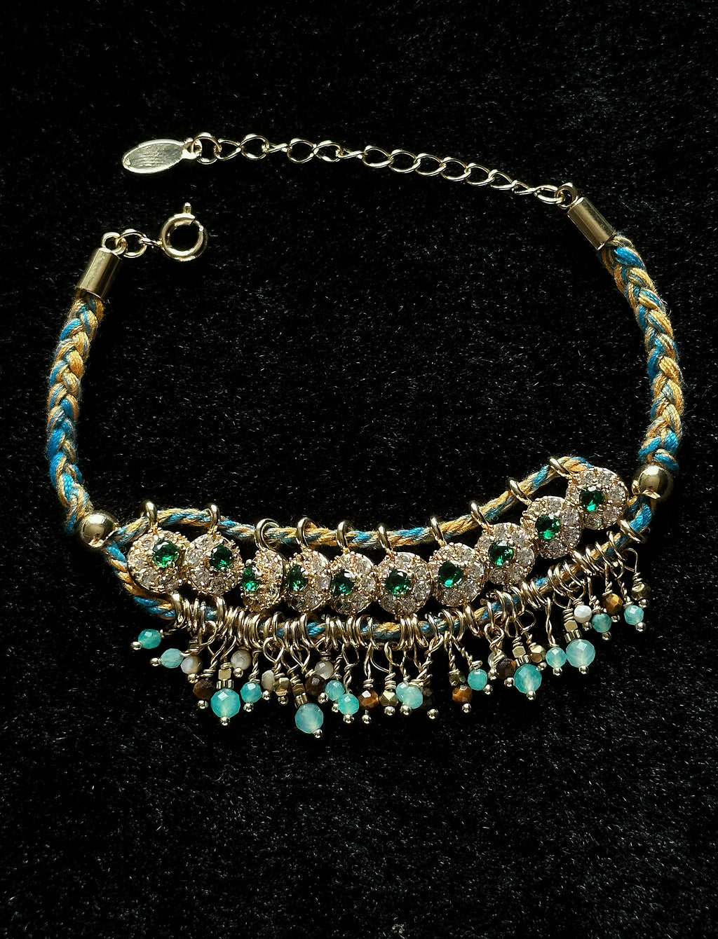Yellow and blue braided rope bracelet with natural stone tassel details
